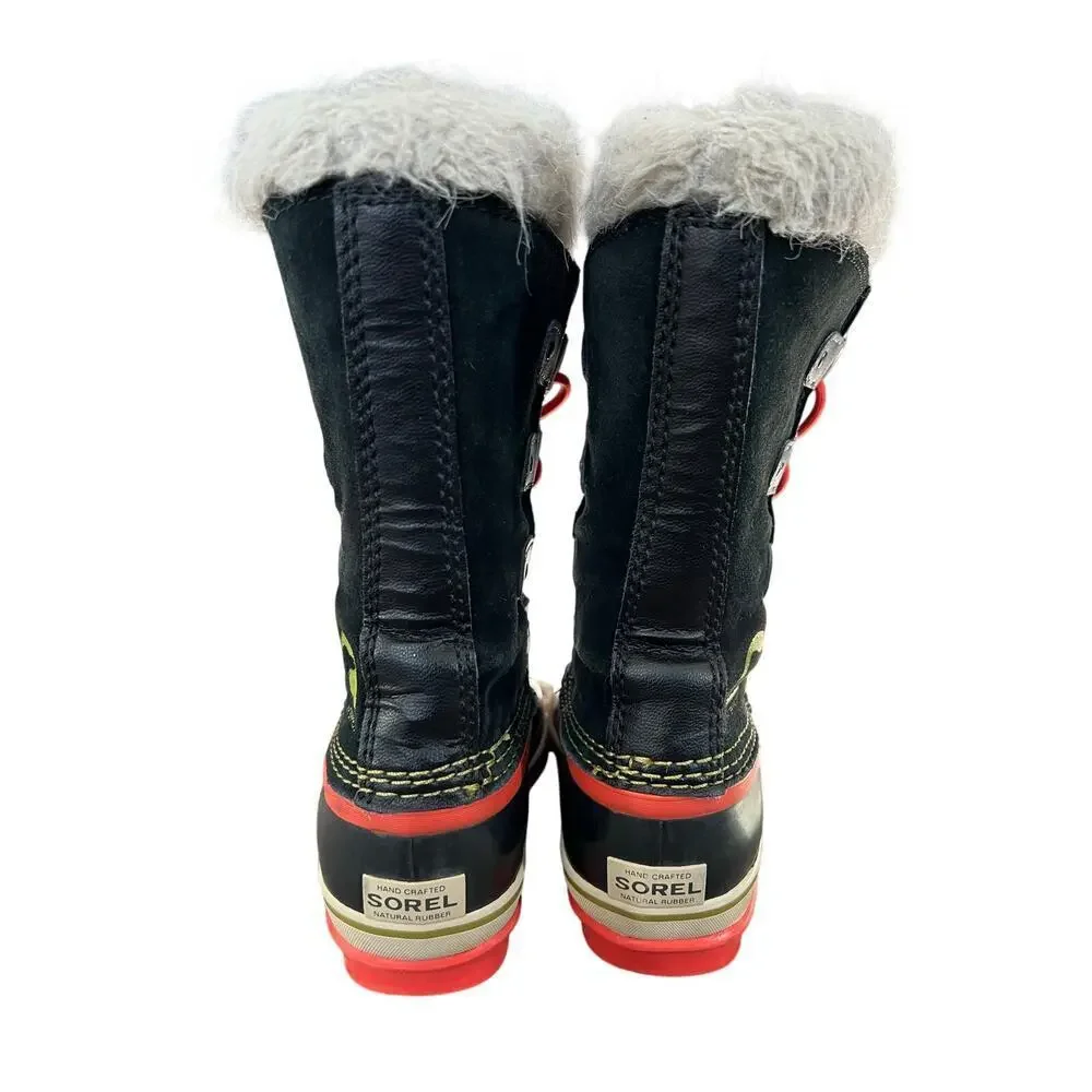 Girls Sorel Joan of Arctic Snow Boots, Size 1, Black/Red, Fur, Lace, Waterproof